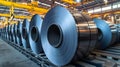Packed rolls of steel sheet, Cold rolled steel coils in a warehouse Royalty Free Stock Photo
