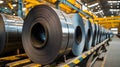 Packed rolls of steel sheet, Cold rolled steel coils in a warehouse Royalty Free Stock Photo