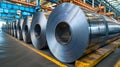 Packed rolls of steel sheet, Cold rolled steel coils in a warehouse Royalty Free Stock Photo