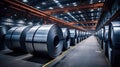 Packed rolls of steel sheets, cold rolled steel coils in factory warehouse Royalty Free Stock Photo