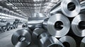 Packed rolls of steel sheets, cold rolled steel coils in factory warehouse