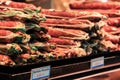 Packed sausage packages stacked in the BoquerÃÂ­a market, Barcelona