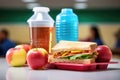 packed school lunch with sandwich, fruit, and juice box Royalty Free Stock Photo