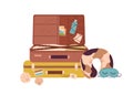 Packed suitcases with summer stuff. Open travel luggage with beach accessories and clothes. Holiday baggage, neck pillow