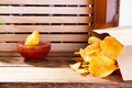 Packet of chips. Food background. potato chips.Top view. Mock up. Copy space.Template. Blank. Royalty Free Stock Photo