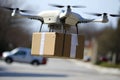 Packet delivery by a drone in a city Royalty Free Stock Photo