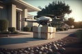 Packet delivery by a drone, parcel sitting on a sidewalk Royalty Free Stock Photo