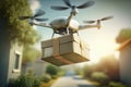 Packet delivery by a drone in suburb Royalty Free Stock Photo