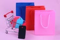 packets for purchases and a shopping trolley inside with different tags and price tags on a bright pink background. concept of bl