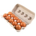 Packing, box of brown, beige eggs isolated on white background. top view,10 pieces Royalty Free Stock Photo