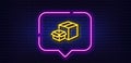 Packing boxes line icon. Delivery parcel sign. Cargo box. Neon light speech bubble. Vector