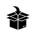 Packing Cardboard Pointing Arrow Down Inside Silhouette Icon. Put in Carton Parcel Box Freight Delivery Service Glyph