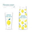 Packing concept with lemon. Three realistic cosmetic tube and jar with ready design. Vector Illustration.