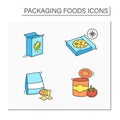 Packing foods color icons set