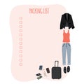 Packing list template for travel, tourism and vacations with hand drawn woman clothes. Cartoon flat illustration