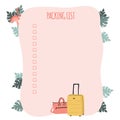 Packing list or travel planner. Preparing for vacation, journey or trip. Suitcase, bag and flamingo with palm leaves.