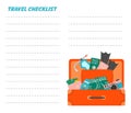 Packing list or travel planner. Preparing for a vacation, trip or trip. Suitcase, passport bag, fins, wallet with money
