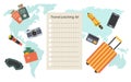 Packing list or travel planner on world map background. Preparing for a vacation or trip.