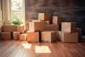 Packing for a move, boxes sit on the floor awaiting transportation Royalty Free Stock Photo