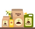 Packing with soil for potted plants. Potting soil, various fertilizers in bottles and spray gun. Vector illustration in flat style