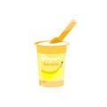 Packing yogurt with a teaspoon. Banana flavor yogurt. Vector illustration