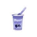 Packing yogurt with a teaspoon. Blackberry flavor yogurt. Vector illustration