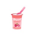 Packing yogurt with a teaspoon. Yogurt with raspberry flavor. Vector illustration