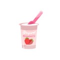 Packing yogurt with a teaspoon. Yogurt with strawberry flavor. Vector illustration