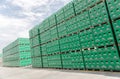 Packs of bottled beer in brewery storage lot