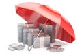 Packs of dollars with umbrella, financial insurance and business