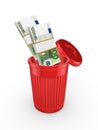 Packs of euro in red recycle bin.