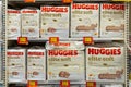 Packs of Huggies diapers brand on the supermarket shelf. Minsk, Belarus, 2023