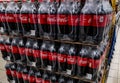 Packs of two-liter plastic bottles of Coca-Cola carbonated drink on sale in the mall 20.10. 2020 in Russia, Kazan, st. Richard