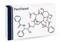 Paclitaxel, PTX molecule. It is taxoid chemotherapeutic agent. Skeletal chemical formula. Paper packaging for drugs