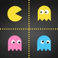 Pacman set, Flat smile icons set, Pac man character, gameboy space game collection, ghost. vector illustration isolated on black b