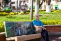 PACORA, COLOMBIA - JANUARY 15, 2024: Senior woman tourist at the central square of the beautiful small town of Pacora in the Royalty Free Stock Photo