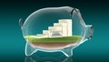 Pacs of money inside transparent piggy bank. 3d rendering