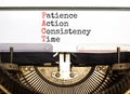 PACT patience action consistency time symbol. Concept words PACT patience action consistency time typed on the retro old