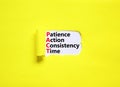 PACT patience action consistency time symbol. Concept words PACT patience action consistency time on white paper, yellow