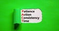 PACT patience action consistency time symbol. Concept words PACT patience action consistency time on white paper, green background