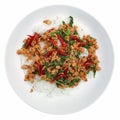 Pad Kaphrao is Stirred and fried pork with holy basil and chilies served on steamed rice. Royalty Free Stock Photo