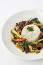 Thai Chicken Vegetable Stir Fry on white plate Royalty Free Stock Photo