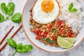 Pad Krapow Gai - Thai Basil Chicken with Rice and fried Egg on white marble background. Thai cuisine dish. Thai Food Royalty Free Stock Photo