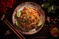 Pad Thai closeup on the table and still life photography, Top eyes view by Generative AI