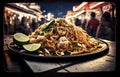 Pad Thai, a mouthwatering dish of fried noodles in a busy Thai night market. Street food.