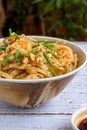 Pad Thai: Rice noodles with prawns and peanuts. Typical Thai food Royalty Free Stock Photo