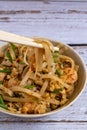 Pad Thai: Rice noodles with prawns and peanuts. Typical Thai food Royalty Free Stock Photo