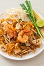 Pad Thai Seafood - Stir fried noodles with shrimps, squid or octopus and tofu Royalty Free Stock Photo