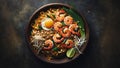 Pad Thai served in a classic earthenware dish. The noodles are perfectly mixed with shrimps, egg