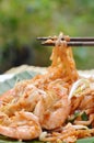 Pad Thai stir fried rice noodles with shrimp and egg on plate Royalty Free Stock Photo